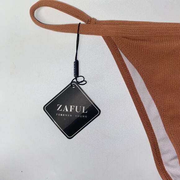 NWT Zaful Tan Brown Ribbed String Bikini Swim Bathing Suit Bottom Women's Large - Picture 3 of 6